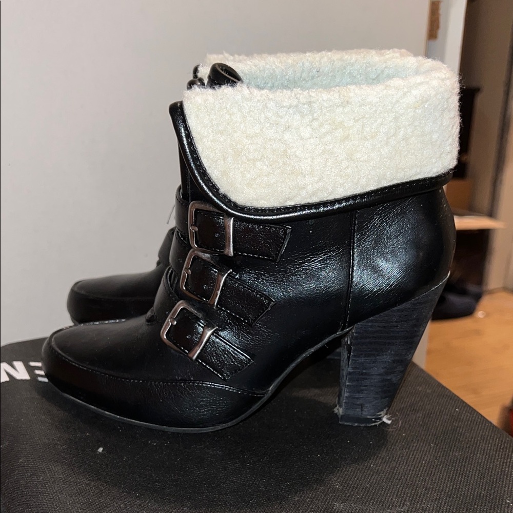 Black Heeled Boots with Cream Cuff